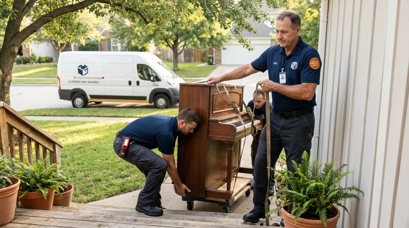 Licensed piano movers securing grand piano in Otterbein, IN
