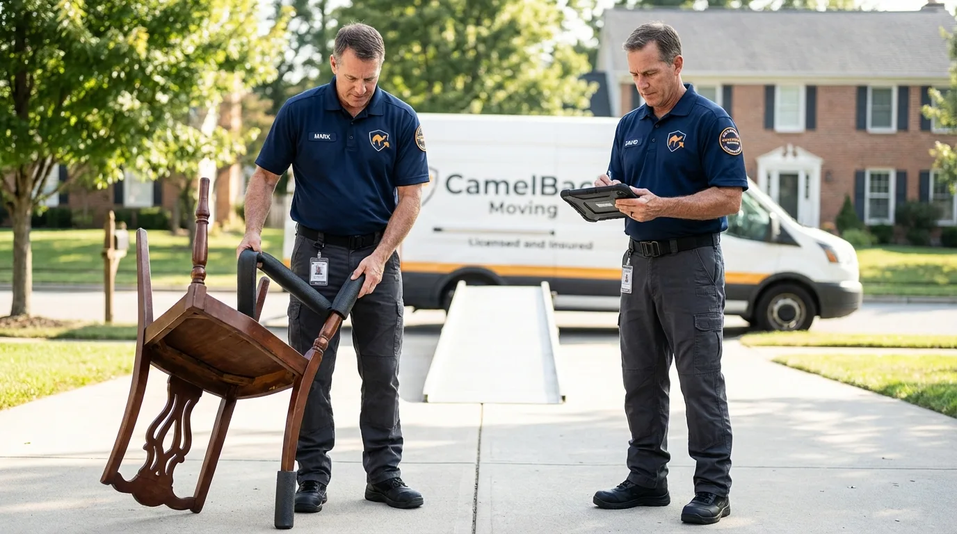 Movers inspecting furniture for damage prevention before loading in Otterbein, IN