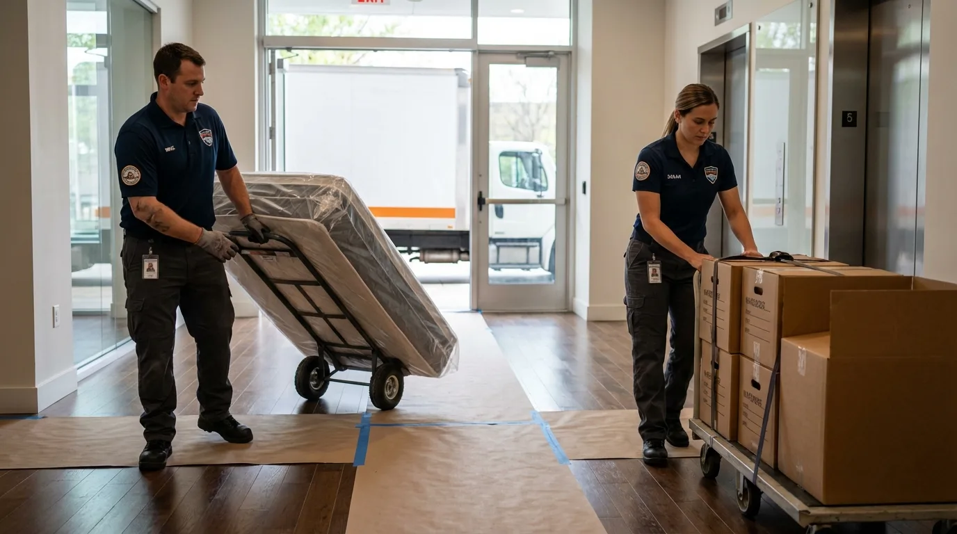 Professional apartment movers loading elevator in Otterbein, IN