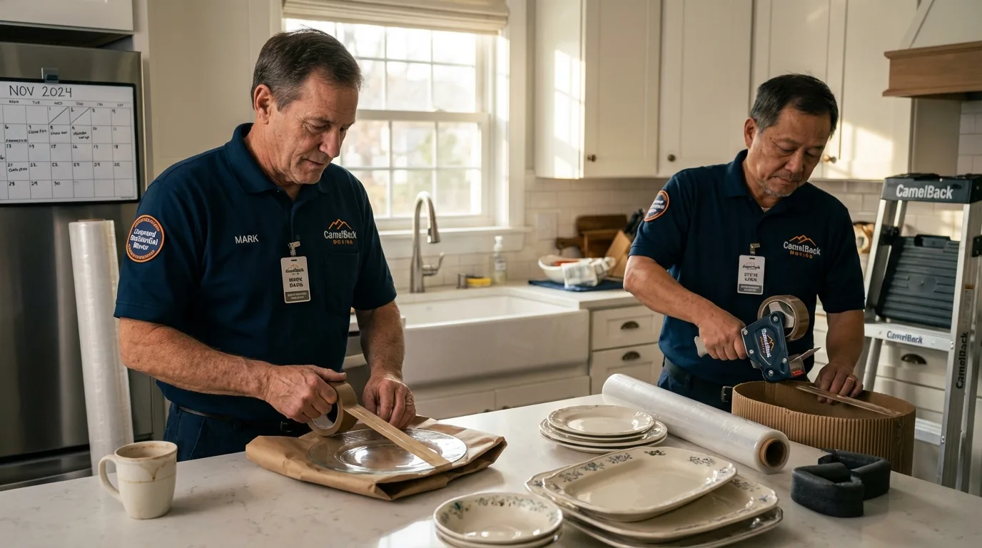 Professional crew packing kitchen dishware in Otterbein, IN